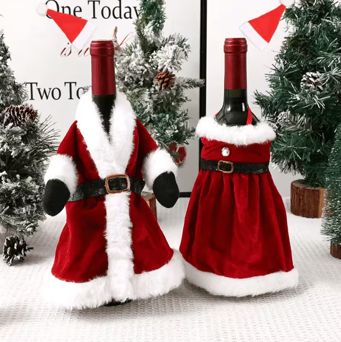 Juego de 4 fundas de Navidad para botellas de vino – Fundas con gorro de Papá Noel y vestido festivo