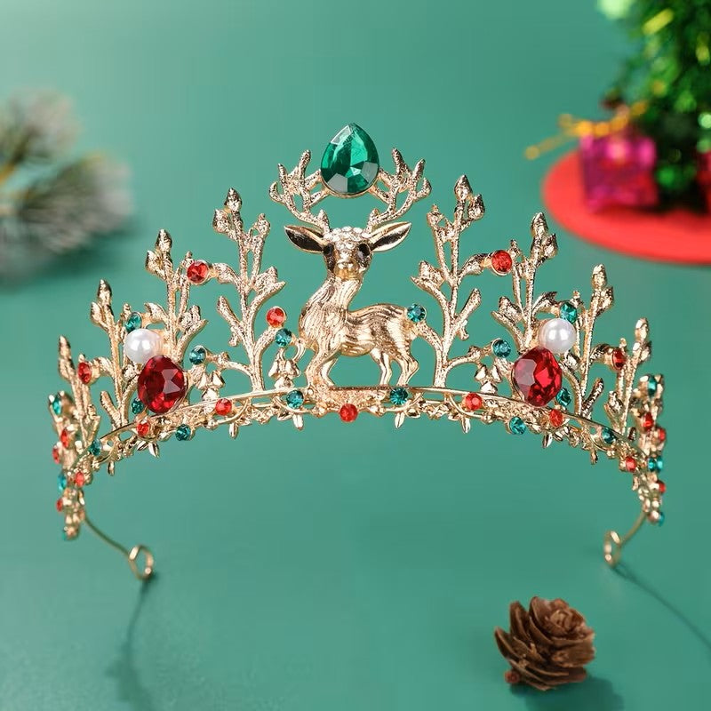 Diadema de corona de reno de Navidad – Tocado de fiesta navideña con pedrería