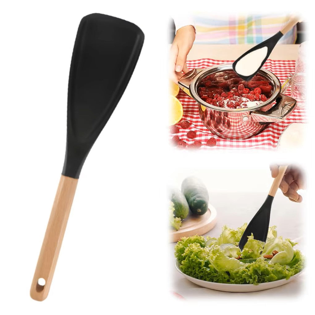 Silicone Cooking Spoon with Ergonomic Wood Handle – (Black, 2-Piece Set)