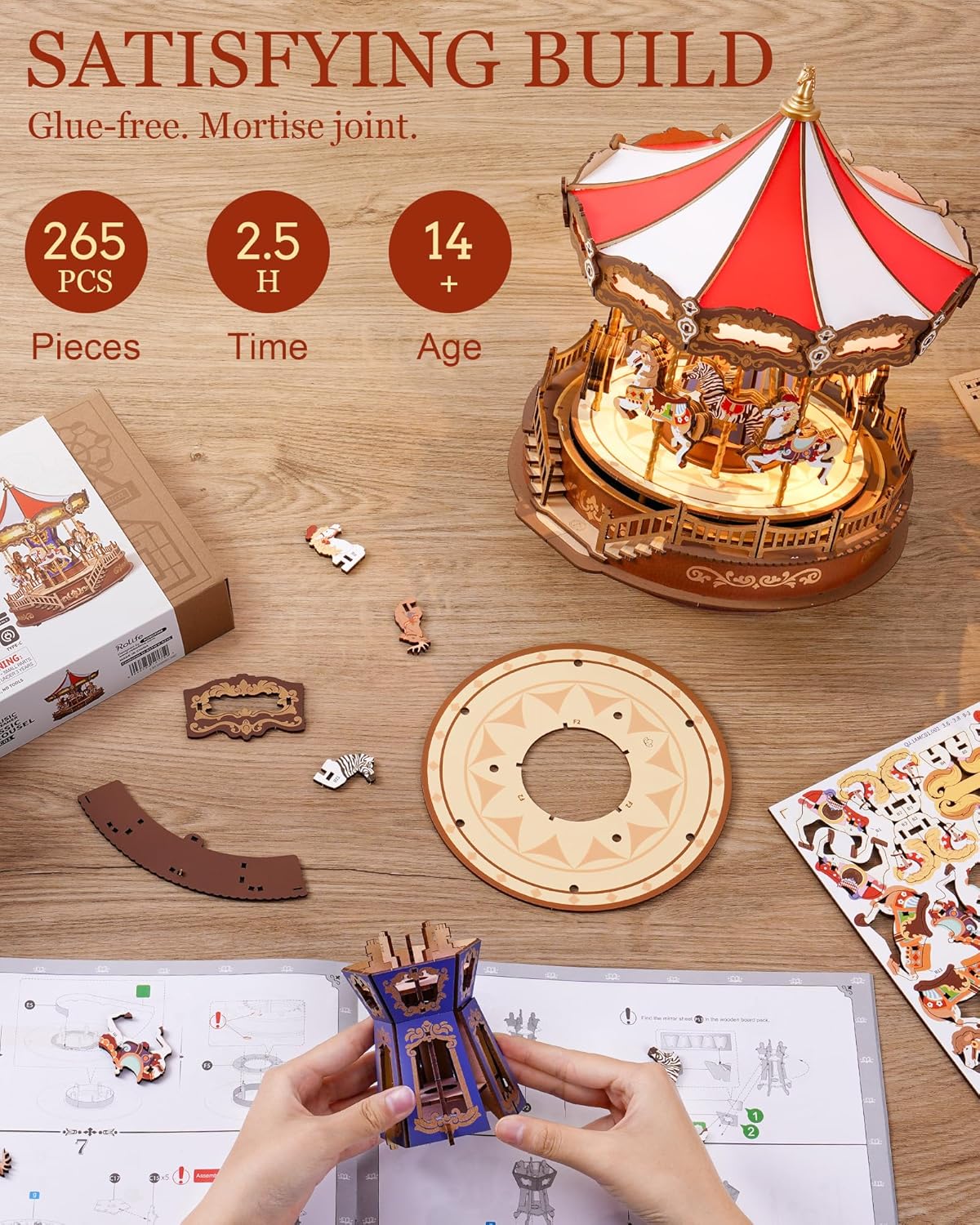 Caixa de Música Carrossel de Madeira – Puzzle 3D DIY com Luzes