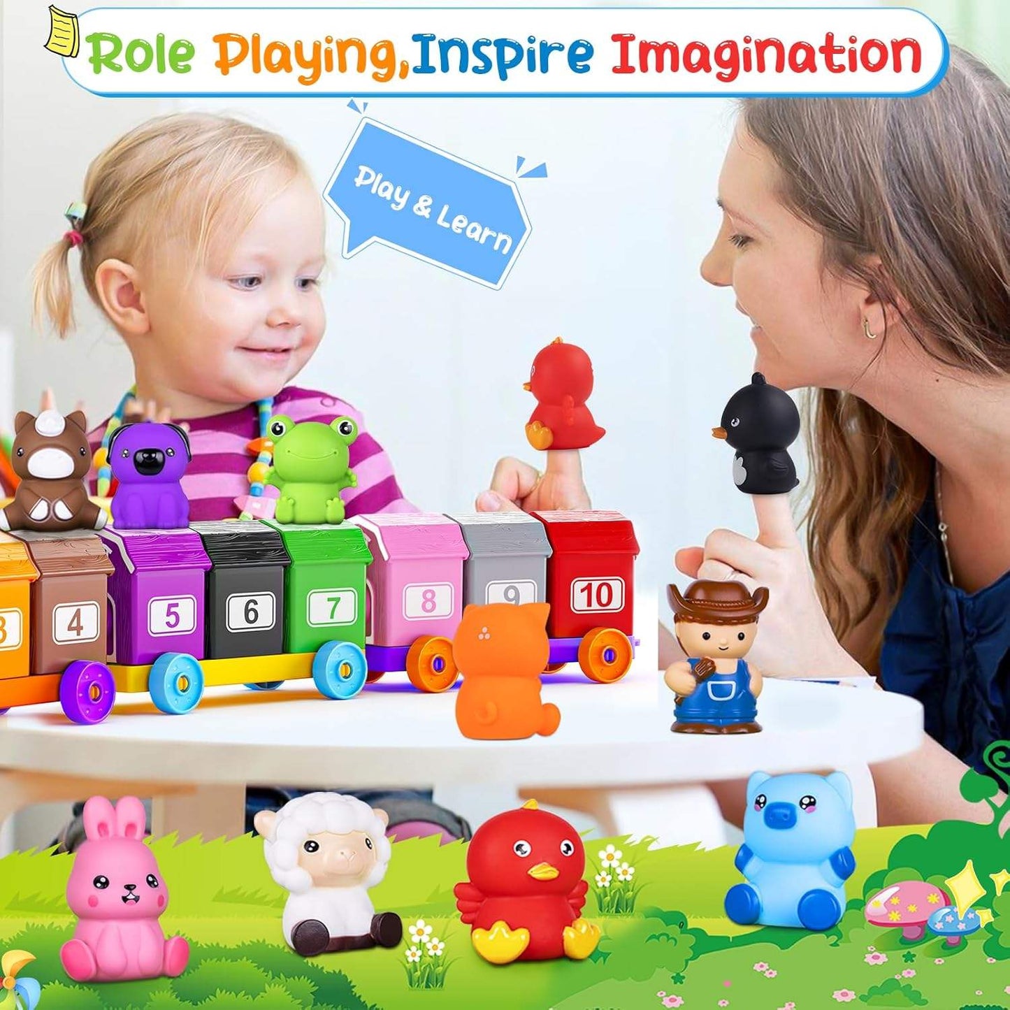 Montessori Counting Toy for Toddlers 1-3: Farm Animal Train & 10 Finger Puppets Matching Game