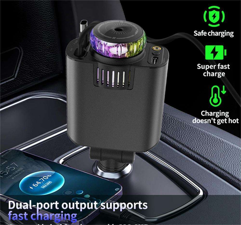 Carregador de Carro com Luz Ambiente Estrelada e Cabos Duplos Retráteis