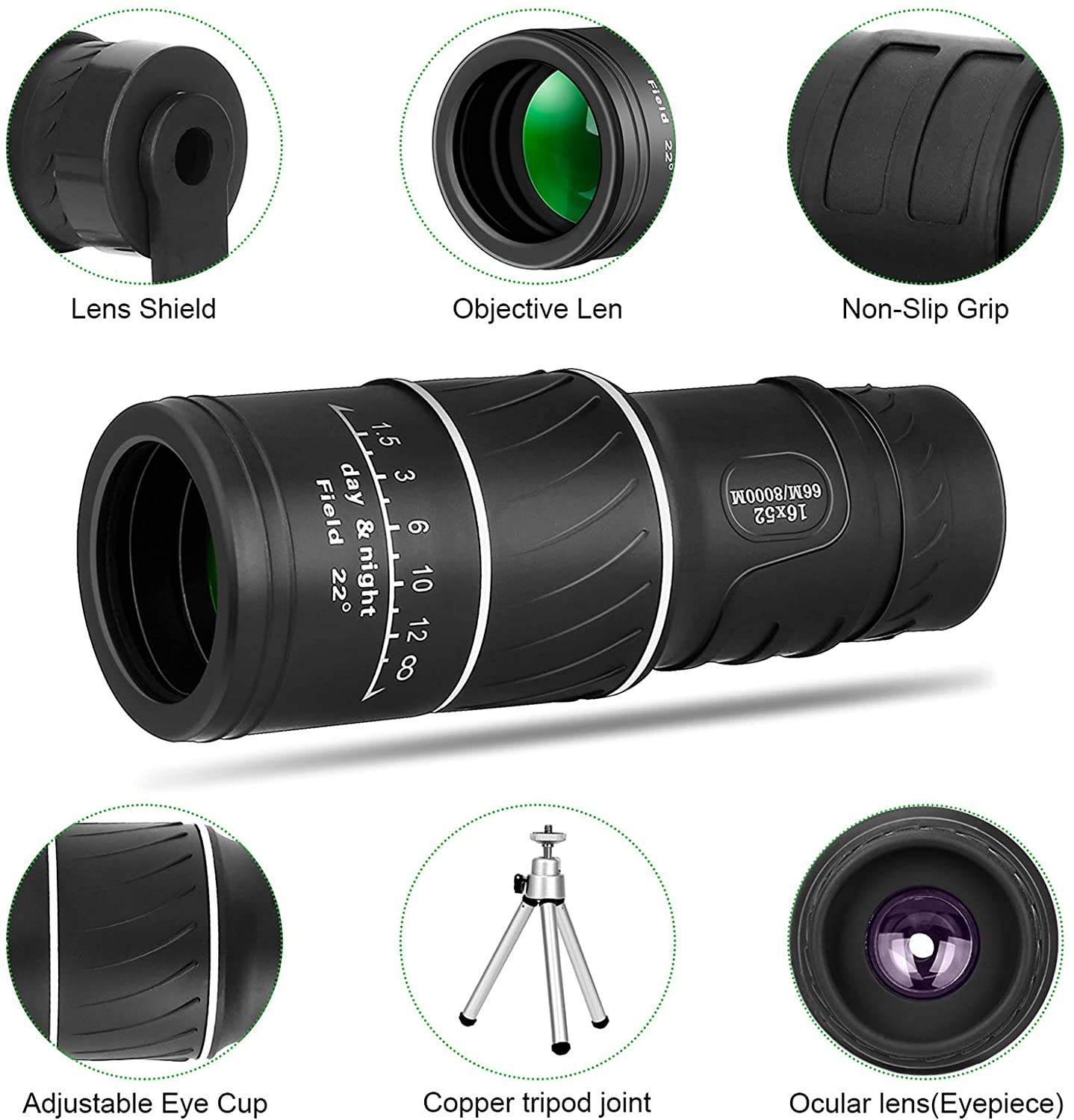 16×52 Portable Monocular Telescope for Travel, Wildlife & Outdoor Viewing