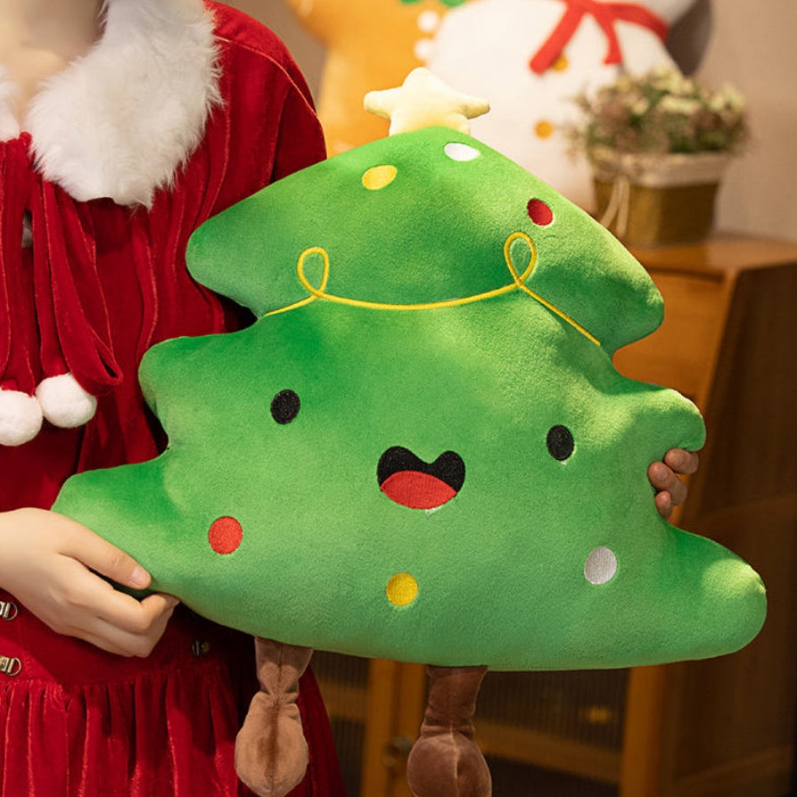 Almohada de peluche navideña – Cojines de jengibre, árbol y muñeco de nieve