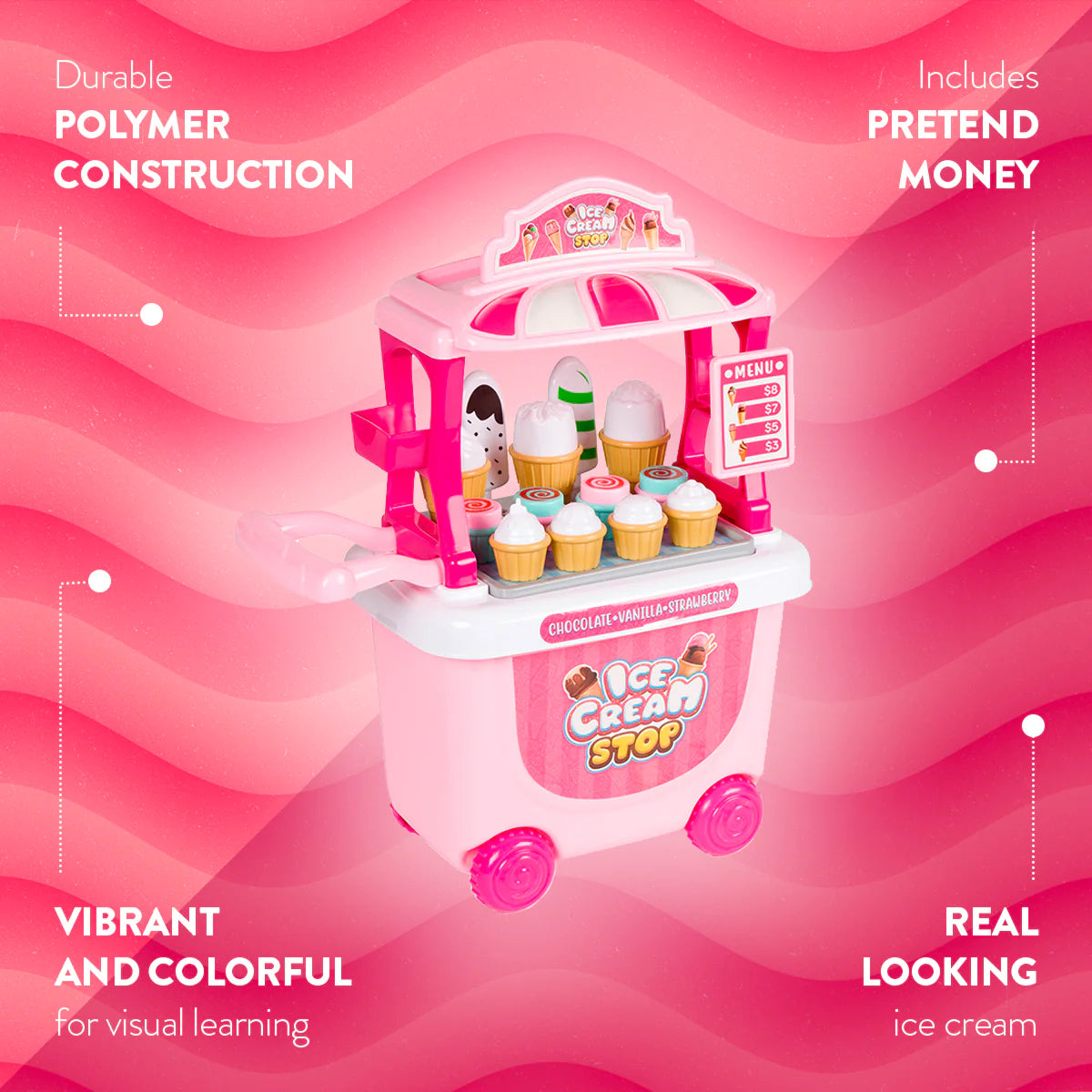 Juego de carrito de helados – Tienda de postres y carrito de dulces para niños