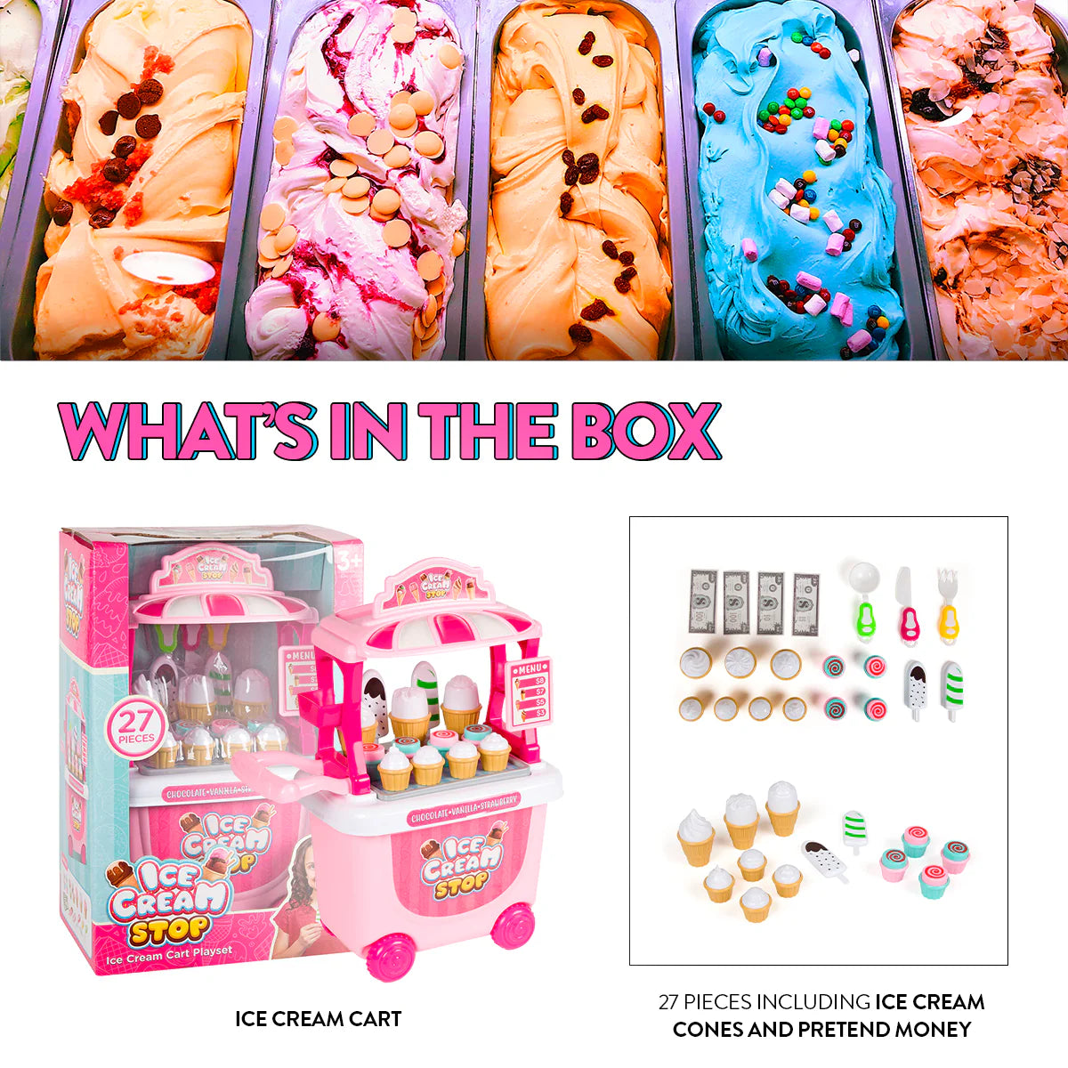 Juego de carrito de helados – Tienda de postres y carrito de dulces para niños