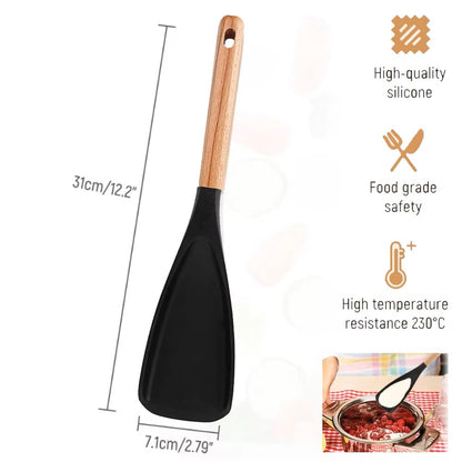 Silicone Cooking Spoon with Ergonomic Wood Handle –  (Black, 2-Piece Set)