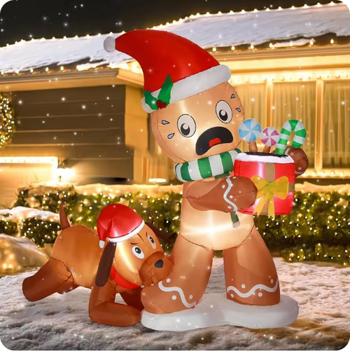Muñeco de jengibre y perro inflables de Navidad de 5 pies – con luces LED para decoración exterior