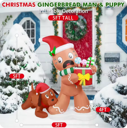Muñeco de jengibre y perro inflables de Navidad de 5 pies – con luces LED para decoración exterior
