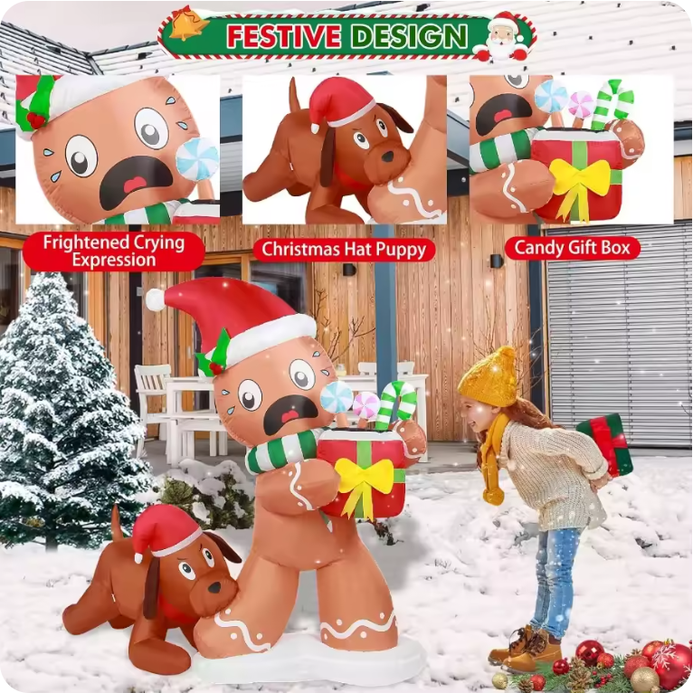 Muñeco de jengibre y perro inflables de Navidad de 5 pies – con luces LED para decoración exterior