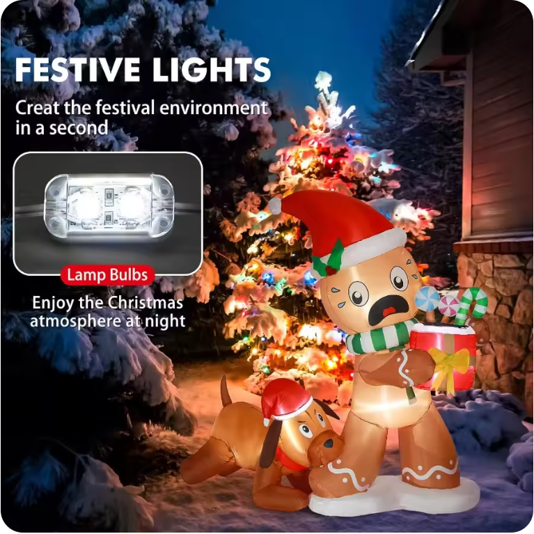 Muñeco de jengibre y perro inflables de Navidad de 5 pies – con luces LED para decoración exterior