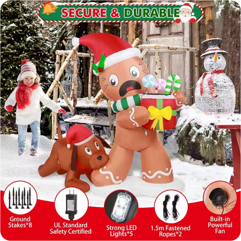 Muñeco de jengibre y perro inflables de Navidad de 5 pies – con luces LED para decoración exterior