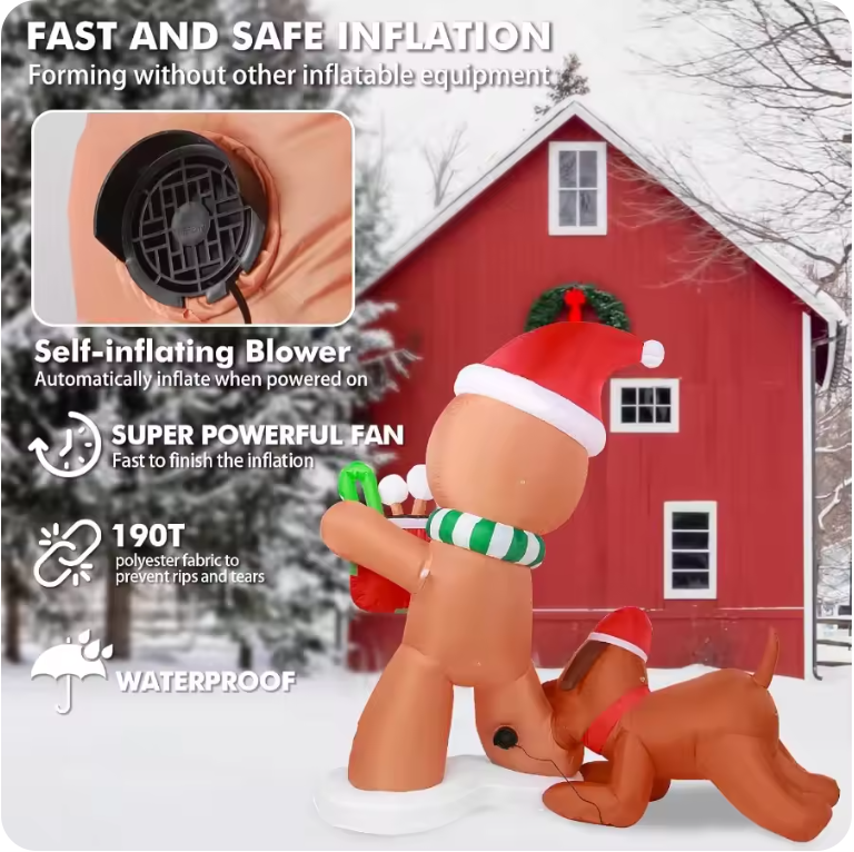 Muñeco de jengibre y perro inflables de Navidad de 5 pies – con luces LED para decoración exterior
