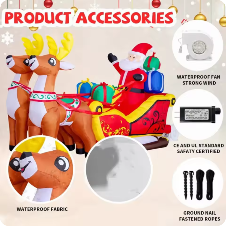 Trineo inflable de Papá Noel con renos – Decoración navideña exterior iluminada con LED