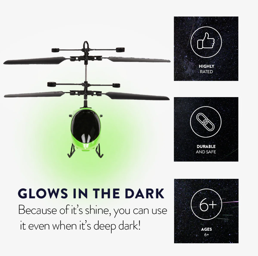 Helicóptero Hornet Glow in the Dark 2CH IR – Mini helicóptero de controlo remoto para interiores com luzes LED e carregamento USB