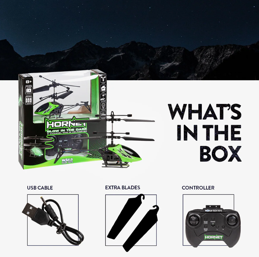 Helicóptero Hornet Glow in the Dark 2CH IR – Mini helicóptero de controlo remoto para interiores com luzes LED e carregamento USB