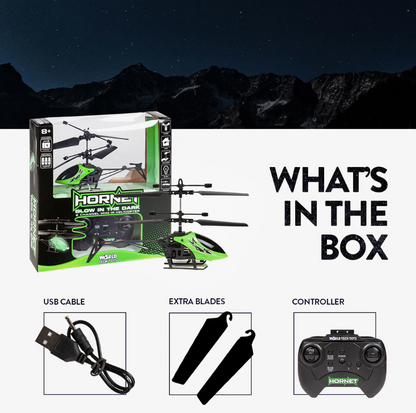 Helicóptero Hornet Glow in the Dark 2CH IR – Mini helicóptero de controlo remoto para interiores com luzes LED e carregamento USB