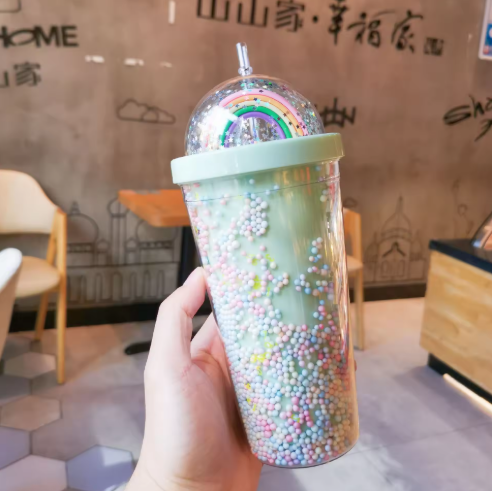 Copo Térmico Rainbow Sparkle – Copo com Canudo e Brilhos de Parede Dupla
