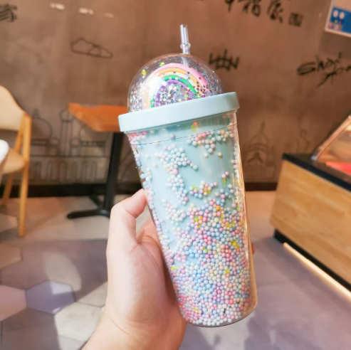 Copo Térmico Rainbow Sparkle – Copo com Canudo e Brilhos de Parede Dupla