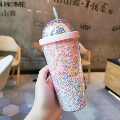 Copo Térmico Rainbow Sparkle – Copo com Canudo e Brilhos de Parede Dupla