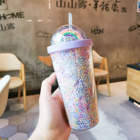 Copo Térmico Rainbow Sparkle – Copo com Canudo e Brilhos de Parede Dupla