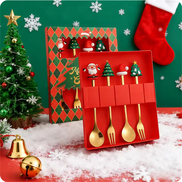 Conjunto de 4 Colheres de Natal Douradas – Colheres Festivas de Sobremesa e Café para o Natal