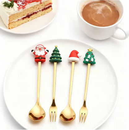 Conjunto de 4 Colheres de Natal Douradas – Colheres Festivas de Sobremesa e Café para o Natal