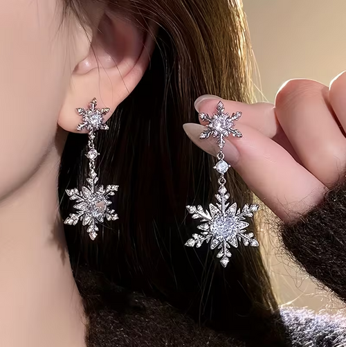 Brincos Pendentes Floco de Neve Brilhantes – Joias de Inverno com Strass