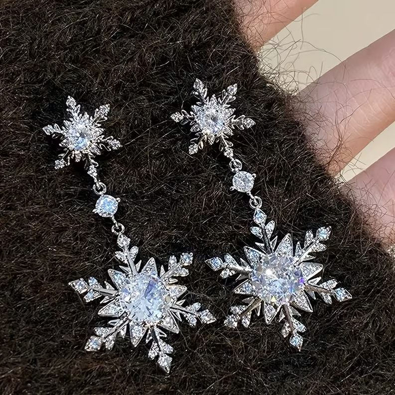 Brincos Pendentes Floco de Neve Brilhantes – Joias de Inverno com Strass