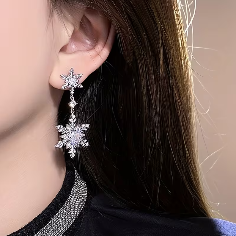 Brincos Pendentes Floco de Neve Brilhantes – Joias de Inverno com Strass