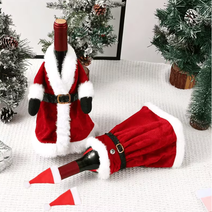 Juego de 4 fundas de Navidad para botellas de vino – Fundas con gorro de Papá Noel y vestido festivo