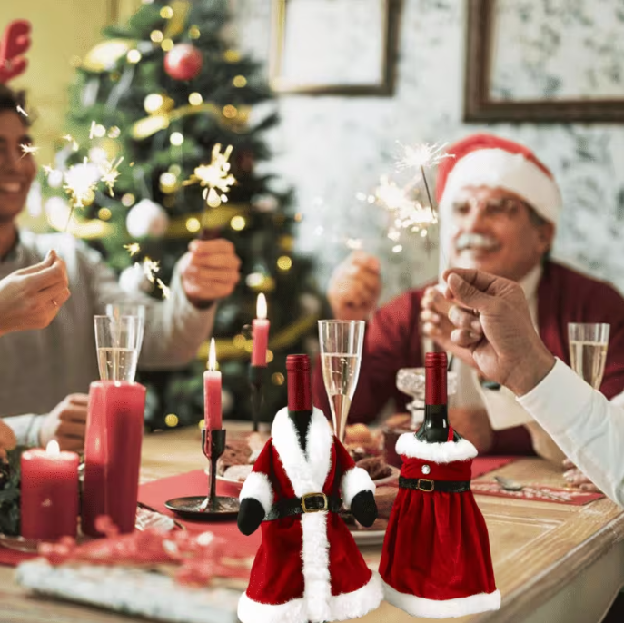 Juego de 4 fundas de Navidad para botellas de vino – Fundas con gorro de Papá Noel y vestido festivo