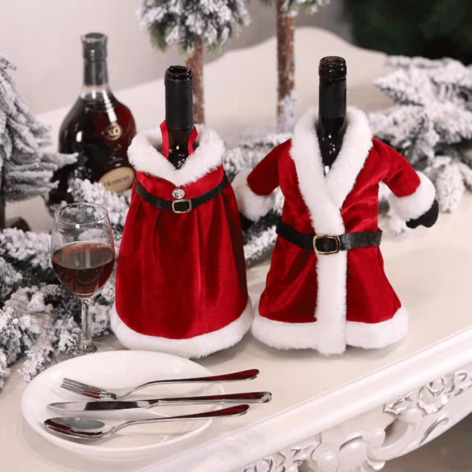 Juego de 4 fundas de Navidad para botellas de vino – Fundas con gorro de Papá Noel y vestido festivo