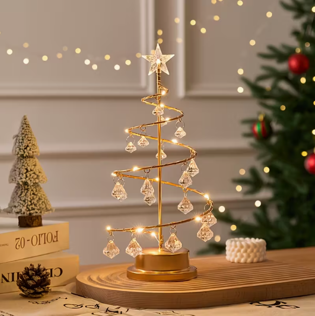 Luminária Elegante de Árvore de Natal em Metal – LED Branco Quente com Ornamentos de Cristal