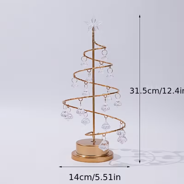 Luminária Elegante de Árvore de Natal em Metal – LED Branco Quente com Ornamentos de Cristal