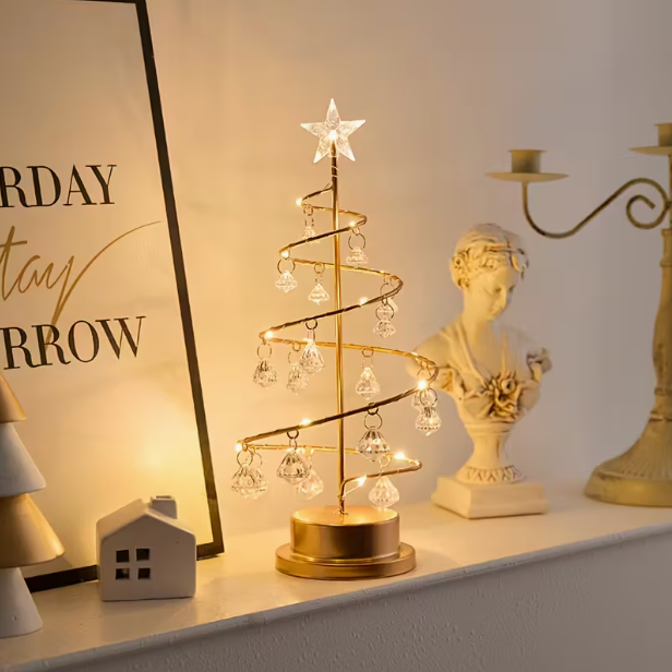Luminária Elegante de Árvore de Natal em Metal – LED Branco Quente com Ornamentos de Cristal