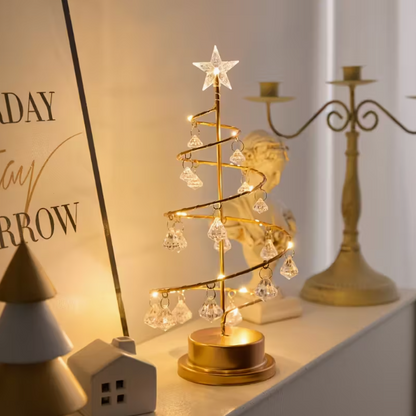 Luminária Elegante de Árvore de Natal em Metal – LED Branco Quente com Ornamentos de Cristal