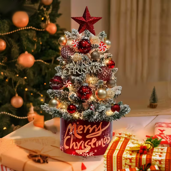 Pre-Lit Christmas Tree Kit with LED Lights & Decorative Orbs
