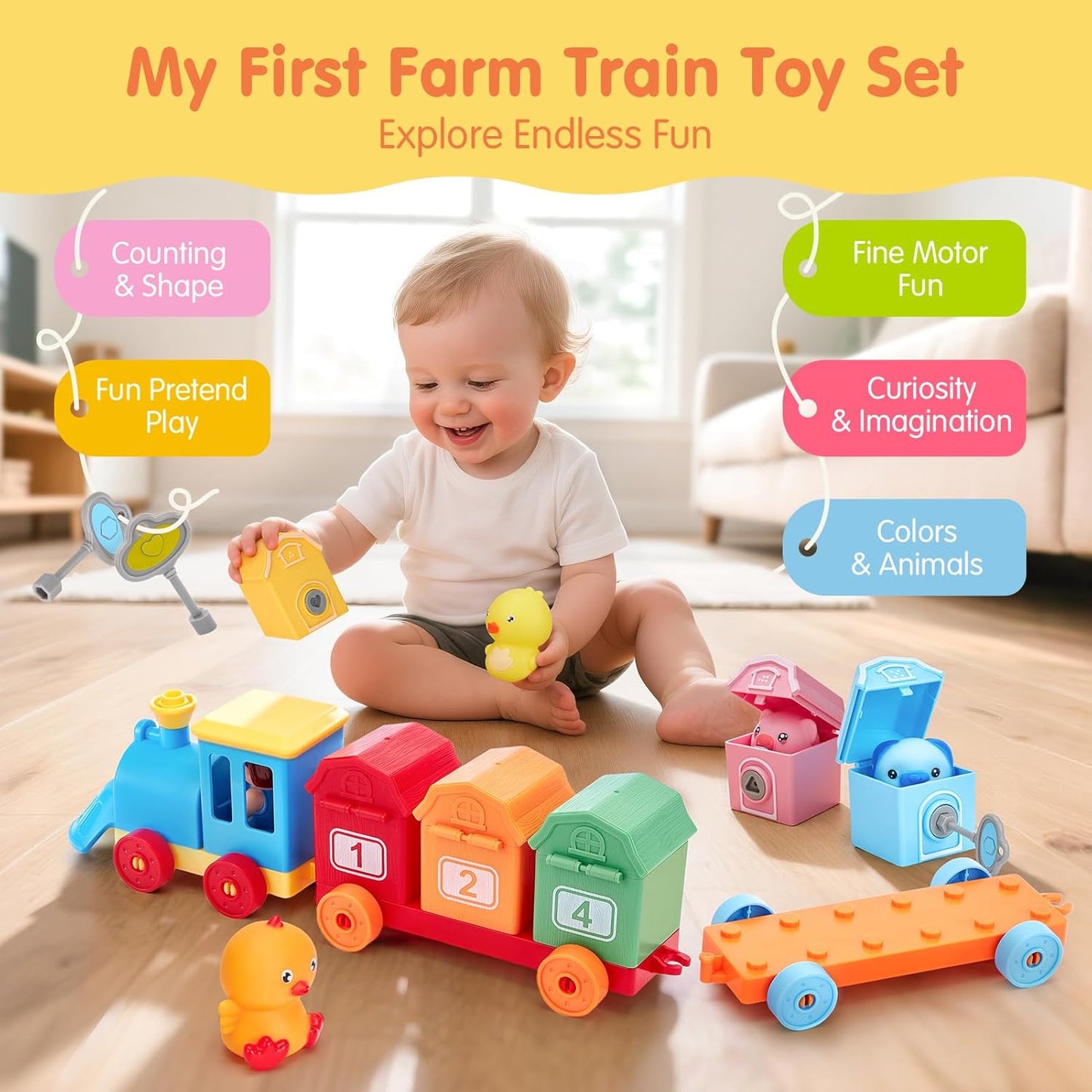 Comboio de Brinquedo Montessori para Crianças Pequenas – Brinquedo Educativo para Contar, Combinar e Separar com Animais da Quinta
