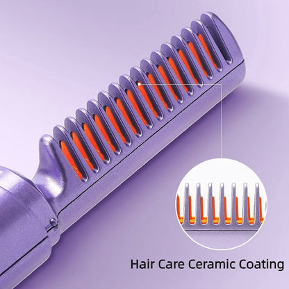 Portable Wireless Electric Hair Straightener Brush - Cordless Ionic Heating Comb for Smooth & Curly Hair - USB Rechargeable Travel Hair Styler