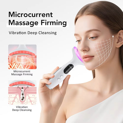 Dispositivo de Beleza de Rosto e Pescoço LED de 7 Cores – Massajador de Vibração por Microcorrente EMS para Refirmar a Pele, Antienvelhecimento e Remoção de Rugas