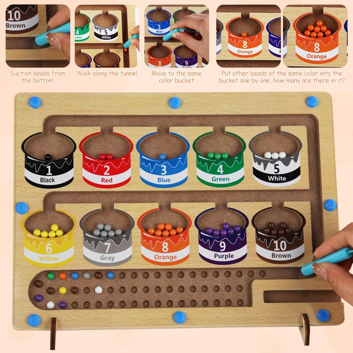 Magnetic Color and Number Maze with Pen – Wooden Montessori Counting & Matching Board Game for Kids