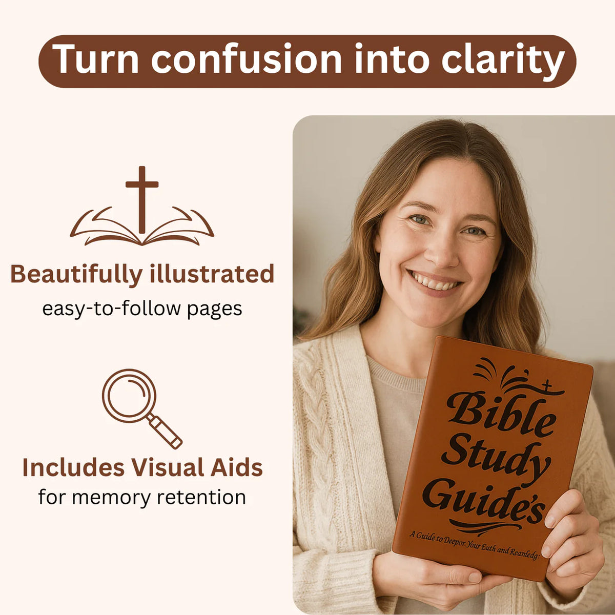 Woman holding brown Bible study guide