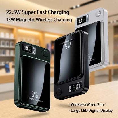 Batería externa magnética inalámbrica de 22,5 W – Cargador portátil ultradelgado de carga rápida – Batería externa compacta para viajes para iPhone, Android y Huawei