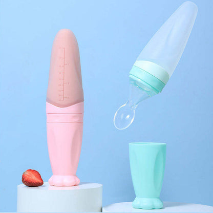 Silicone Baby Squeeze Feeder with Spoon – 90ml Infant Food & Fruit Cereal Feeding Bottle, Leak-Proof BPA-Free Soft Silicone Feeder for Toddlers