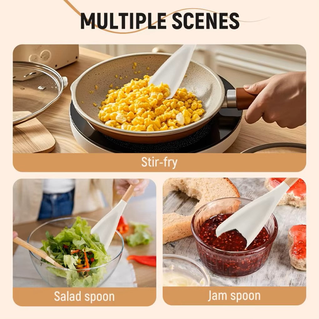 Silicone Cooking Spoon with Ergonomic Wood Handle –  (Black, 2-Piece Set)