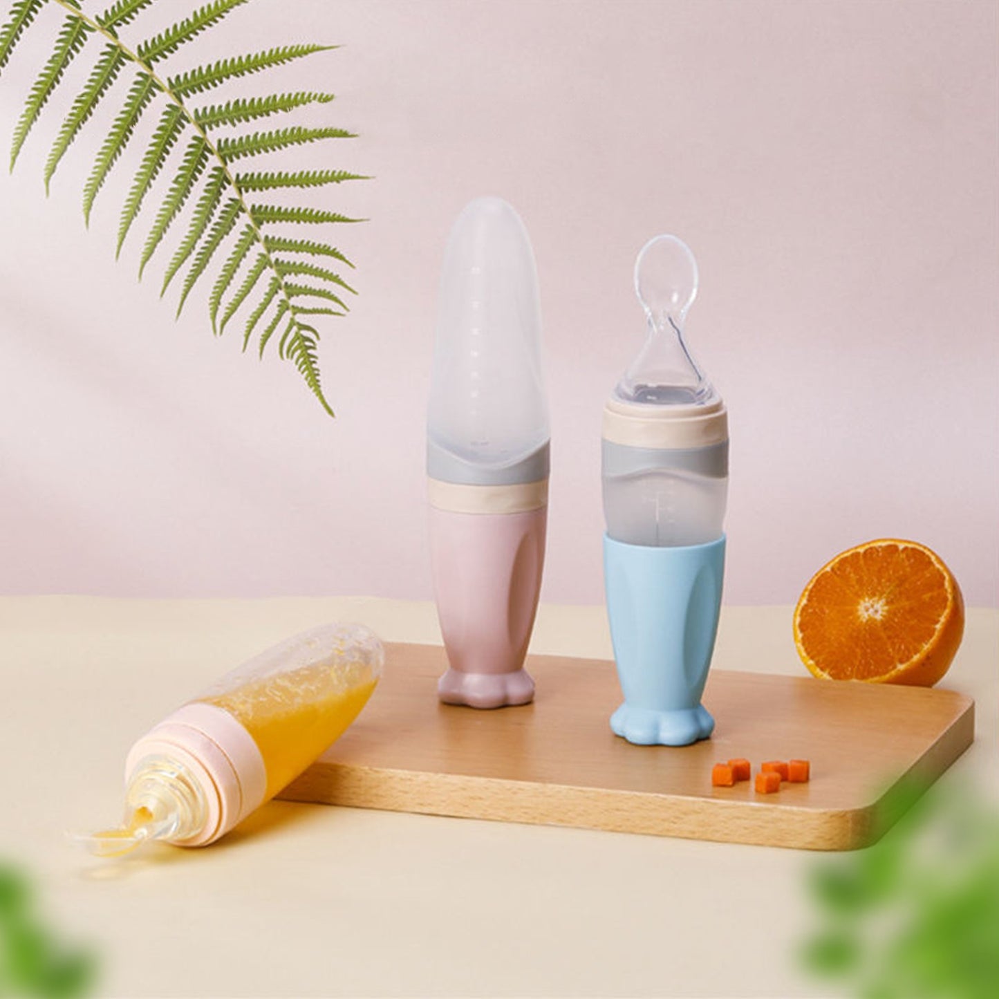 Silicone Baby Squeeze Feeder with Spoon – 90ml Infant Food & Fruit Cereal Feeding Bottle, Leak-Proof BPA-Free Soft Silicone Feeder for Toddlers