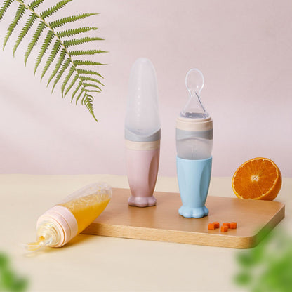Silicone Baby Squeeze Feeder with Spoon – 90ml Infant Food & Fruit Cereal Feeding Bottle, Leak-Proof BPA-Free Soft Silicone Feeder for Toddlers