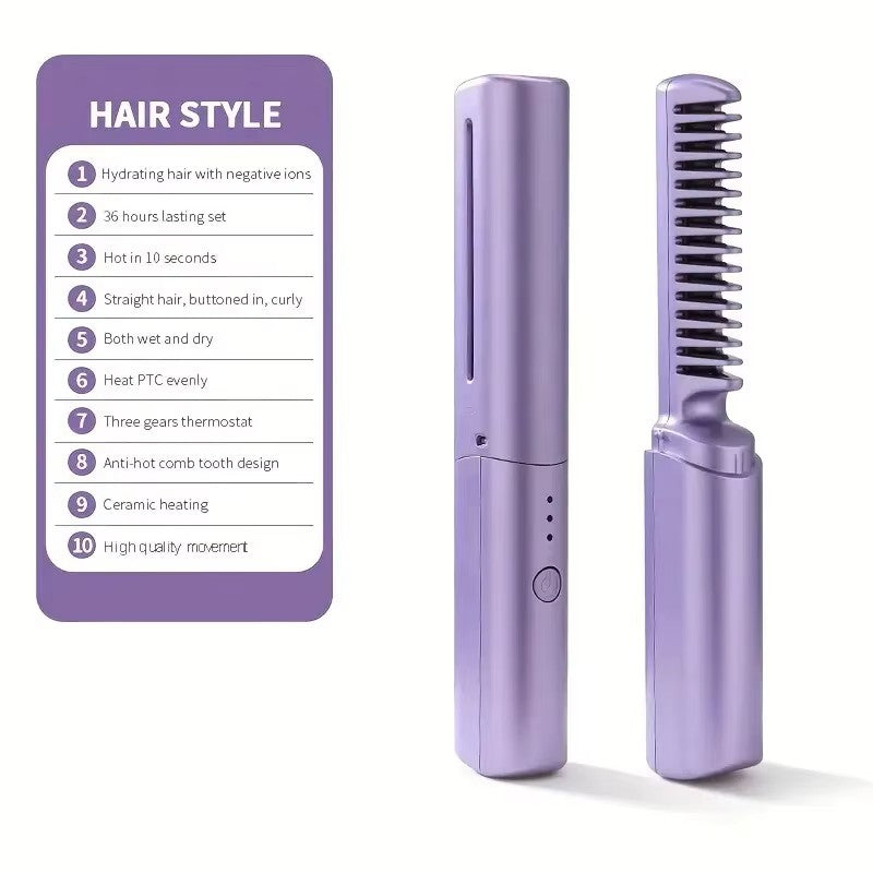 Portable Wireless Electric Hair Straightener Brush - Cordless Ionic Heating Comb for Smooth & Curly Hair - USB Rechargeable Travel Hair Styler