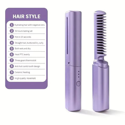 Portable Wireless Electric Hair Straightener Brush - Cordless Ionic Heating Comb for Smooth & Curly Hair - USB Rechargeable Travel Hair Styler
